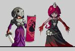  armor bare_shoulders black_dress blood bloody_clothes breastplate chibi closed_eyes corset crown dress fangs grey_skin helmet joakim_sandberg knight multiple_girls original pauldrons purple_dress red_hair shield strapless strapless_dress sword vampire visor_(armor) weapon 