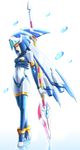  android blue_hair boots closed_eyes detached_sleeves gloves helmet high_heels leviathan_(rockman) polearm rockman rockman_zero seotaku_(kyokkou) solo spear thighhighs water water_drop weapon 