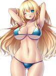  ;d armpits arms_behind_head arms_up atago_(kantai_collection) bikini blonde_hair blue_bikini blush breasts collarbone green_eyes kantai_collection large_breasts long_hair navel one_eye_closed open_mouth simple_background smile solo swimsuit tsukumiya_amane white_background 