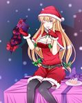  ;p belt black_legwear blonde_hair blush box breasts cake capelet christmas cleavage cream food gap gift gift_box hat highres kyoukyan large_breasts long_hair on_box one_eye_closed purple_eyes red_capelet santa_costume santa_hat sitting sitting_on_box snowing solo thighhighs tongue tongue_out touhou yakumo_yukari 