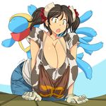  :o animal_print breast_squeeze breasts brown_hair cleavage cow_horns cow_print denim gigantic_breasts gloves hataraki_ari horns jeans leaning_forward open_mouth original pants short_hair simple_background sukimi twintails white_background yellow_eyes 