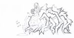  1girl antiheld bad_id bad_tumblr_id bouquet breasts chaos_witch_quelaag dark_souls death eating flower graphite_(medium) hair_over_breasts insect_girl knight long_hair medium_breasts monster_girl nude size_difference sketch smile souls_(from_software) spider_girl traditional_media vore 