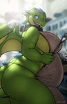  anthro big_breasts breasts brokenwing chubby collar dickgirl dragon female green_body horn intersex looking_back open_mouth overweight scalie smoke solo standing strype tongue wings 