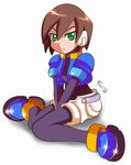  aile bodysuit brown_hair cropped_jacket gloves green_eyes knees_together_feet_apart robot_ears rockman rockman_zx short_hair shorts shoutaro_saito signature solo spandex 