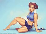  abs adapted_costume alternate_costume bad_deviantart_id bad_id barefoot bike_shorts chun-li clc1997 crop_top double_bun eyeliner eyeshadow lips makeup muscle sitting smile solo spikes street_fighter street_fighter_zero_(series) thick_thighs thighs vest watermark web_address 