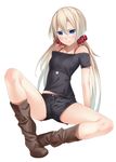  bare_legs bare_shoulders blonde_hair blue_eyes blush boots jewelry long_hair looking_at_viewer necklace original ray-akila shorts simple_background solo white_background 