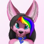 anthro big_ears big_eyes black_hair black_nose blue_collar blue_eyes canine collar cute cyan_eyes ear_piercing female fennec fox fur hair invalid_color jamesfoxbr looking_at_viewer madeline_fisher mammal multi-colored_hair name_tag open_mouth piercing pink_fur pink_tongue plain_background portrait rainbow_hair reflection smile solo teeth tongue white_teeth 