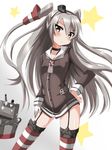  amatsukaze_(kantai_collection) bin1998 brown_eyes dress garter_straps highres kantai_collection long_hair looking_at_viewer rensouhou-kun sailor_dress short_dress silver_hair simple_background star striped striped_legwear thighhighs two_side_up zettai_ryouiki 