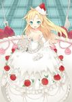  :d bare_shoulders blonde_hair bouquet breasts cake cleavage collarbone dress elbow_gloves flower food fred04142 fruit gloves green_eyes long_hair looking_at_viewer medium_breasts open_mouth original smile solo strawberry wedding_dress whipped_cream white_gloves 