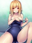  blonde_hair breasts cameltoe competition_school_swimsuit embarrassed highres large_breasts looking_at_viewer one-piece_swimsuit open_mouth original red_eyes short_hair solo strap_pull swimsuit tsukumiya_amane undressing 