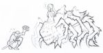  1girl ? antiheld bad_id bad_tumblr_id bouquet breasts chaos_witch_quelaag chosen_undead confession dark_souls flower graphite_(medium) hair_over_breasts insect_girl knight long_hair medium_breasts monster_girl nude one_knee shield size_difference sketch souls_(from_software) spider_girl sword traditional_media weapon 