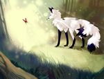  arthropod black_fur black_nose blue_eyes butterfly canine feral fluffy_tail forest fox fur grass insect mammal multiple_tails orphen-sirius tree white_fur wings 