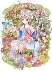  atelier_(series) atelier_totori bird blue_eyes blue_sleeves bluebird boots brown_hair detached_sleeves flower frills full_body hairband knee_boots long_hair ratryu sitting skirt smile solo staff totooria_helmold white_skirt 