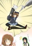  akiyama_mio brown_eyes brown_hair desperado grin guitar_case gun hirasawa_yui imagining instrument_case k-on! multiple_girls pantyhose parody pose saliva school_uniform short_hair smile smoke thumbs_up translated weapon yokoshima_(euphoria) 