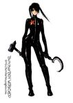  black_hair bloody_planet bodysuit butcherboy copyright_request hair_over_one_eye hammer hammer_and_sickle sickle solo twintails weapon 