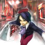  bad_id bad_pixiv_id beret black_hair foreshortening hat hatchet kanon_(umineko) male_focus nose_hatchet solo tcb umineko_no_naku_koro_ni 