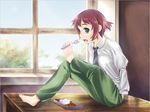  amputee artist_request barefoot curry eating feet food game_cg green_eyes indoors jpeg_artifacts katawa_shoujo left-handed messy_hair necktie red_hair short_hair solo tezuka_rin window 