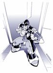  1girl alia_(rockman) android artist_request blue boots fighting_stance full_body hallway indoors knee_boots monochrome robot rockman rockman_x signas standing 