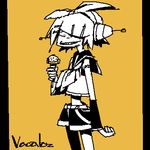  1girl gorillaz kagamine_rin lowres microphone noodle_(gorillaz) outtake parody simple_background solo style_parody vocaloid 