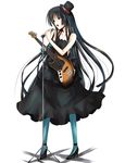  akiyama_mio bangs bass_guitar black_hair blue_eyes blue_legwear blunt_bangs don't_say_&quot;lazy&quot; dress elbow_gloves facepaint fingerless_gloves gloves hat high_heels hime_cut instrument k-on! left-handed long_hair microphone microphone_stand mini_hat mini_top_hat pantyhose ram_hachimin shoes solo striped top_hat 
