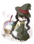  black_hair brown_eyes candy chain dress food from_above hat kurasuke licking long_hair original pot ribbon robe solo twintails witch_hat 