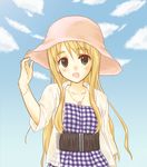  blonde_hair blush bracelet bucket_hat casual green_eyes hat jewelry k-on! kotobuki_tsumugi long_hair necklace open_mouth seri_natsume solo 