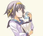  :i bad_id bad_pixiv_id bag bangs beige_background black_hair brown_eyes closed_mouth eating food hair_ribbon hamburger holding holding_food long_sleeves looking_at_viewer looking_to_the_side paper_bag ribbon short_hair sideways_glance simple_background solo suzumiya_haruhi suzumiya_haruhi_no_yuuutsu upper_body wrapper yaguchiya_tomoshi yellow_ribbon 