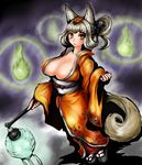  1girl animal_ears breasts cleavage collarbone fox_ears fox_tail grey_hair hair_up hitodama huge_breasts japanese_clothes kimono kongiku lantern leaf leaf_on_head oboro_muramasa orange_eyes paper_lantern solo tail tassel youkai 