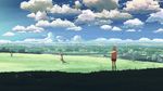  5_centimeters_per_second brown_hair cloud day field landscape scenery screencap shinkai_makoto short_hair skirt solo sumita_kanae 