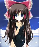  blue_eyes brown_hair competition_swimsuit hakurei_reimu long_hair one-piece_swimsuit solo swimsuit touhou wahiko_(black_bastard) 