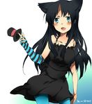  akiyama_mio animal_ears aqua_eyes blue_legwear blush cat_ears don't_say_&quot;lazy&quot; facepaint fingerless_gloves gloves hat hatsuka_nezumi k-on! long_hair mini_hat mini_top_hat open_mouth pantyhose solo top_hat 