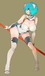  akishima_kei ayanami_rei bandage_over_one_eye bandages bare_shoulders bent_over blue_hair breasts large_breasts legs neon_genesis_evangelion polearm red_eyes short_hair simple_background solo thighhighs weapon 