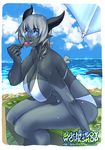  beach bikini blue_horns blue_skin breasts butcherboy candy cleavage day draenei food glowing glowing_eyes horns huge_breasts lollipop monster_girl ocean outdoors plump pointy_ears short_hair sitting solo swimsuit tail warcraft white_hair world_of_warcraft 