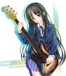  akiyama_mio bangs bass_guitar black_eyes black_hair blue_eyes blunt_bangs blush character_name copyright_name hime_cut instrument k-on! long_hair makirin school_uniform smile solo 