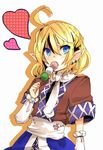  ahoge arm_warmers ayuki bad_id bad_pixiv_id blonde_hair blue_eyes dango eating food half_updo heart mizuhashi_parsee pointy_ears sanshoku_dango scarf short_hair skewer solo touhou wagashi white_background 