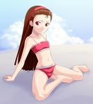  arm_support bare_shoulders barefoot bikini brown_hair child cloud day feet flat_chest hairband idolmaster idolmaster_(classic) long_hair minase_iori muhi11234 navel red_eyes sitting sky smile solo swimsuit yokozuwari 