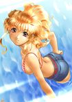  bikini_top blonde_hair breasts carina_(xiaowoo) copyright_request denim denim_shorts medium_breasts shorts sideboob solo water 