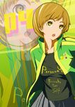  :o bad_id bad_pixiv_id brown_eyes brown_hair buttons clothes_writing houndstooth jacket nishiuri_warito open_clothes open_shirt persona persona_4 satonaka_chie shirt short_hair skirt smiley_face solo t-shirt track_jacket 