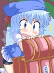  alternate_costume animal_hat bike_shorts blue_eyes blue_hair blush cat_hat cirno fang geetsu hat kneeling pocket short_hair solo touhou treasure_chest wings 