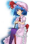  :p absurdres bad_id bad_pixiv_id blue_eyes blue_hair cosplay hat heterochromia highres karakasa_obake oriental_umbrella purple_umbrella red_eyes remilia_scarlet remilia_scarlet_(cosplay) short_hair solo tatara_kogasa tongue tongue_out touhou umbrella usa-pom 