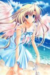  ariko_youichi beach blonde_hair blue_eyes blue_skirt copyright_request day halo holding holding_shoes long_hair non-web_source shoes skirt solo wings 