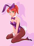  animal_ears blush brown_hair bunny_ears bunnysuit copyright_request fishnet_pantyhose fishnets green_eyes hitoki kneeling pantyhose ponytail short_hair solo 