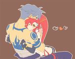  1girl bandages blue_hair bodypaint butt_crack couple fingerless_gloves gloves hair_ornament heart hetero hug kamina one_eye_closed ponytail red_hair sako scarf shirtless shorts tengen_toppa_gurren_lagann yellow_eyes yoko_littner 