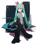  boots cat crossed_legs detached_sleeves green_hair hair_ribbon hatsune_miku highres long_hair mitosa ribbon sitting solo thigh_boots thighhighs twintails vocaloid 