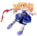  archer_(disgaea) bad_id bad_pixiv_id bare_shoulders belt blonde_hair blue_eyes blush boots bow detached_sleeves disgaea dress drill_hair long_hair pointy_ears solo theta_(ponkotsu_works) thighhighs twintails 