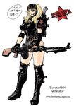  :p blonde_hair blue_eyes boots bullet butcherboy copyright_request drum_magazine gun hat korean legs machine_gun rifle rpd russia solo thigh_boots thighhighs thighs tongue tongue_out translated twintails weapon 