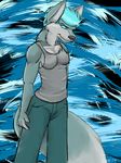  abstract_background anthro blue_hair breasts canine clothed clothing female fenni frozen_over fur hair looking_at_viewer mammal multiple_tails shirt solo tank_top wolf 