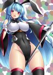  animal_ears bangs blue_hair bow bowtie bunny_ears cape cowboy_shot detached_sleeves eyebrows_visible_through_hair fang gloves highres leotard long_hair looking_at_viewer original red_eyes solo thighhighs tsukumiya_amane 