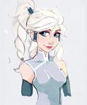  avatar:_the_last_airbender bangs blue_eyes cosplay crossover elsa_(frozen) eye_shadow eyeshadow female frozen_(disney) korra korra_(cosplay) legend_of_korra looking_at_viewer makeup owler ponytail solo the_legend_of_korra white_hair 