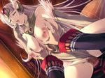  1girl areolae breast_grab breasts breasts_outside censored character_request demonion demonion_ii:_maou_to_sannin_no_joou elbow_gloves eyes_closed game_cg gloves grabbing highres lactation large_breasts legs long_hair m&amp;m nipples open_mouth penis pussy sex sitting sitting_on_person thighs vaginal white_hair 